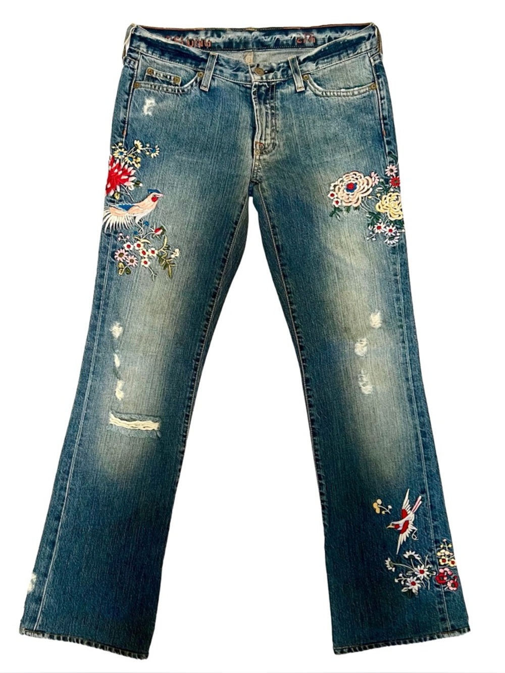 J. Crew Embroidered Distressed Hipslung Bootcut Jeans Size 27S Y2K Made In USA